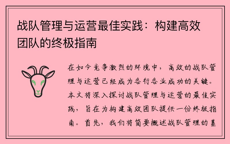 战队管理与运营最佳实践：构建高效团队的终极指南