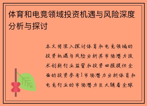 体育和电竞领域投资机遇与风险深度分析与探讨